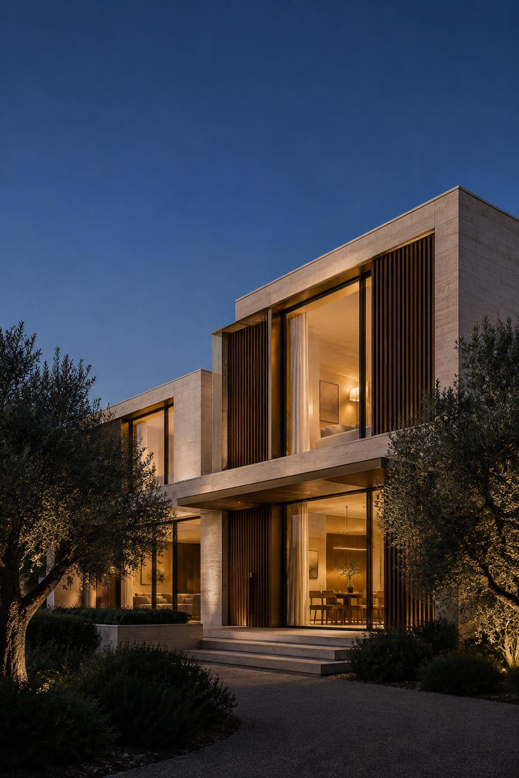 A contemporary limestone and timber estate house at dusk, lit from within